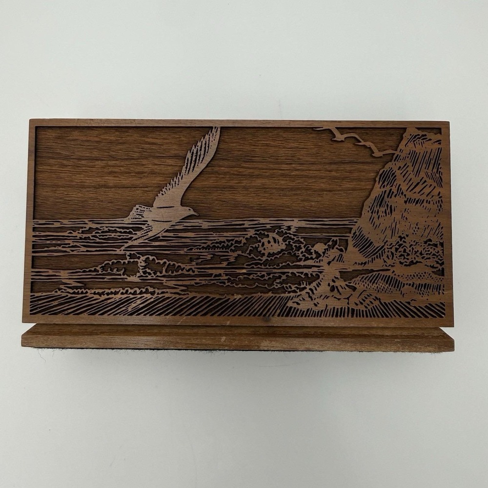 Vintage Walnut Napkin Mail File Letter Holder Laser Ocean Beach Bird Waves